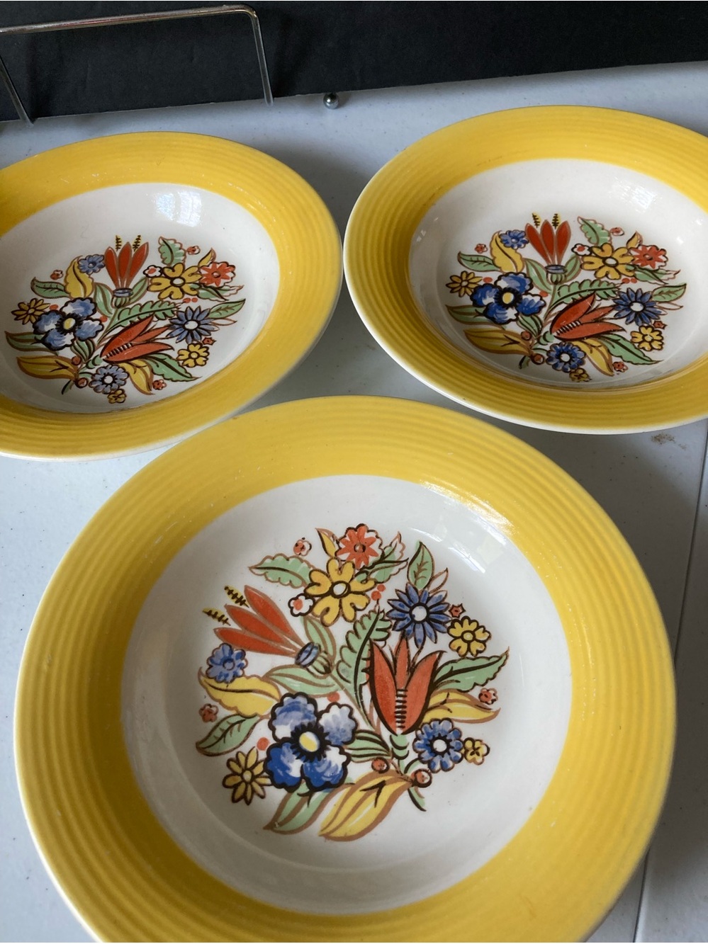 American Limoges Triumph Yellow Floral Ceramic Soup Bowls - Set of 3 Ohio